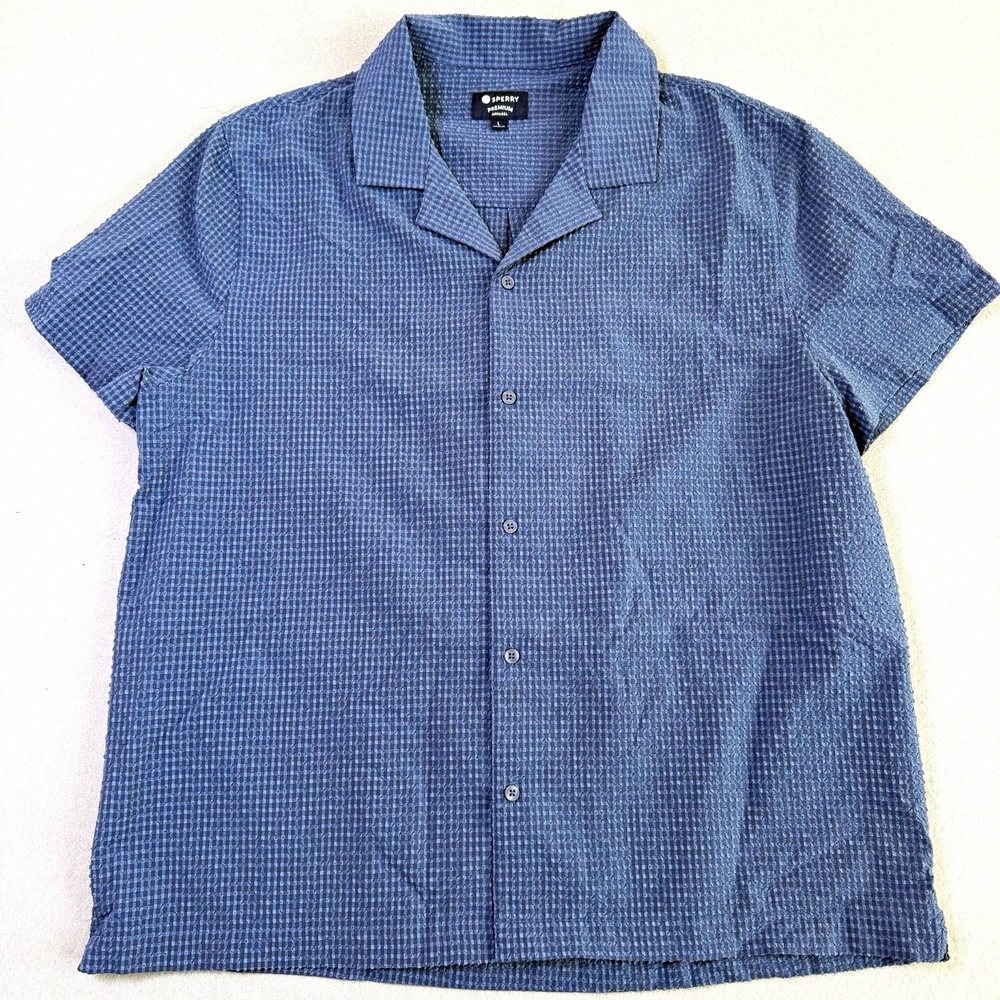 Sperry Mens L Blue Check Woven Short Sleeve Point Collar Button Up Shirt